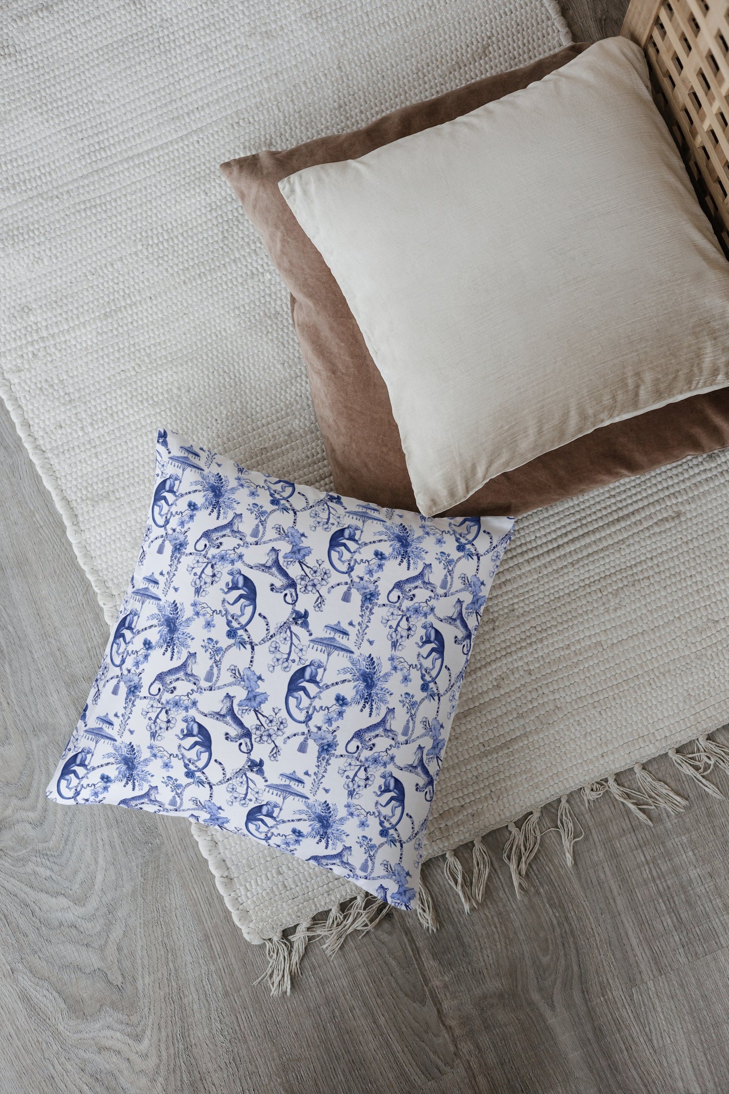 Chinoiserie Monkey Cotton Pillows Toile de Jouy Blue White