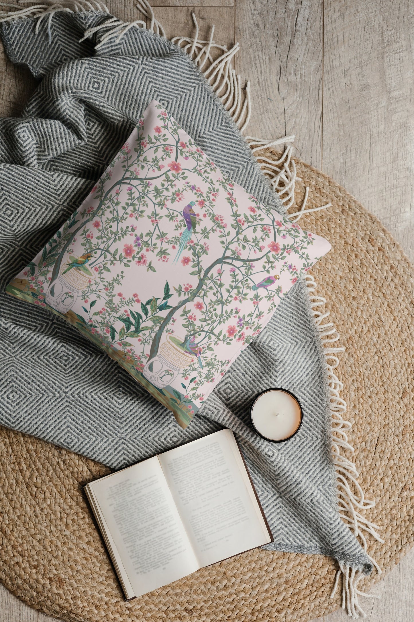 Chinoiserie Cotton Pillows Blush Pink Floral Garden