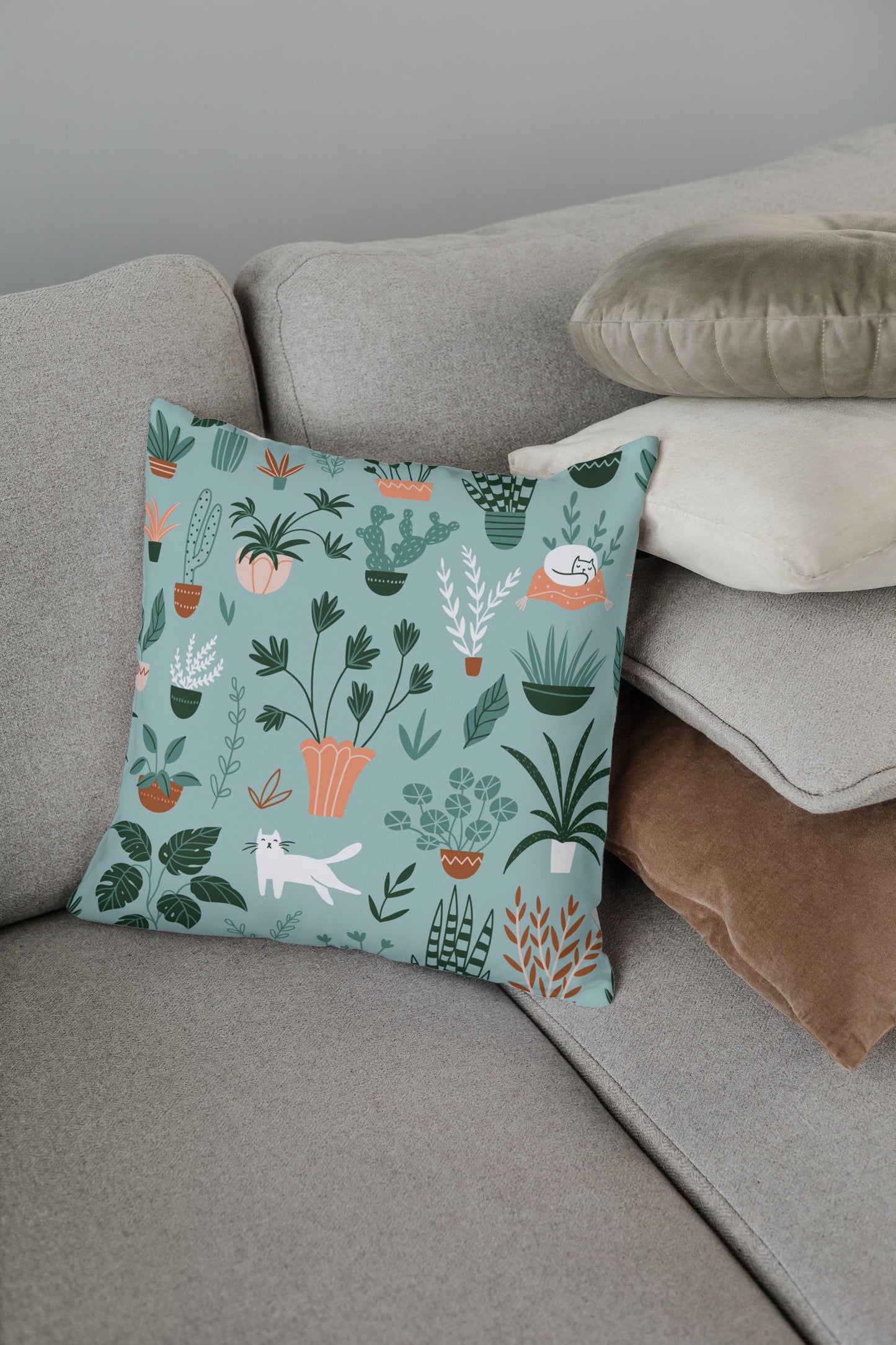 Hygge Plants & Cats Outdoor Pillows Pastel Green